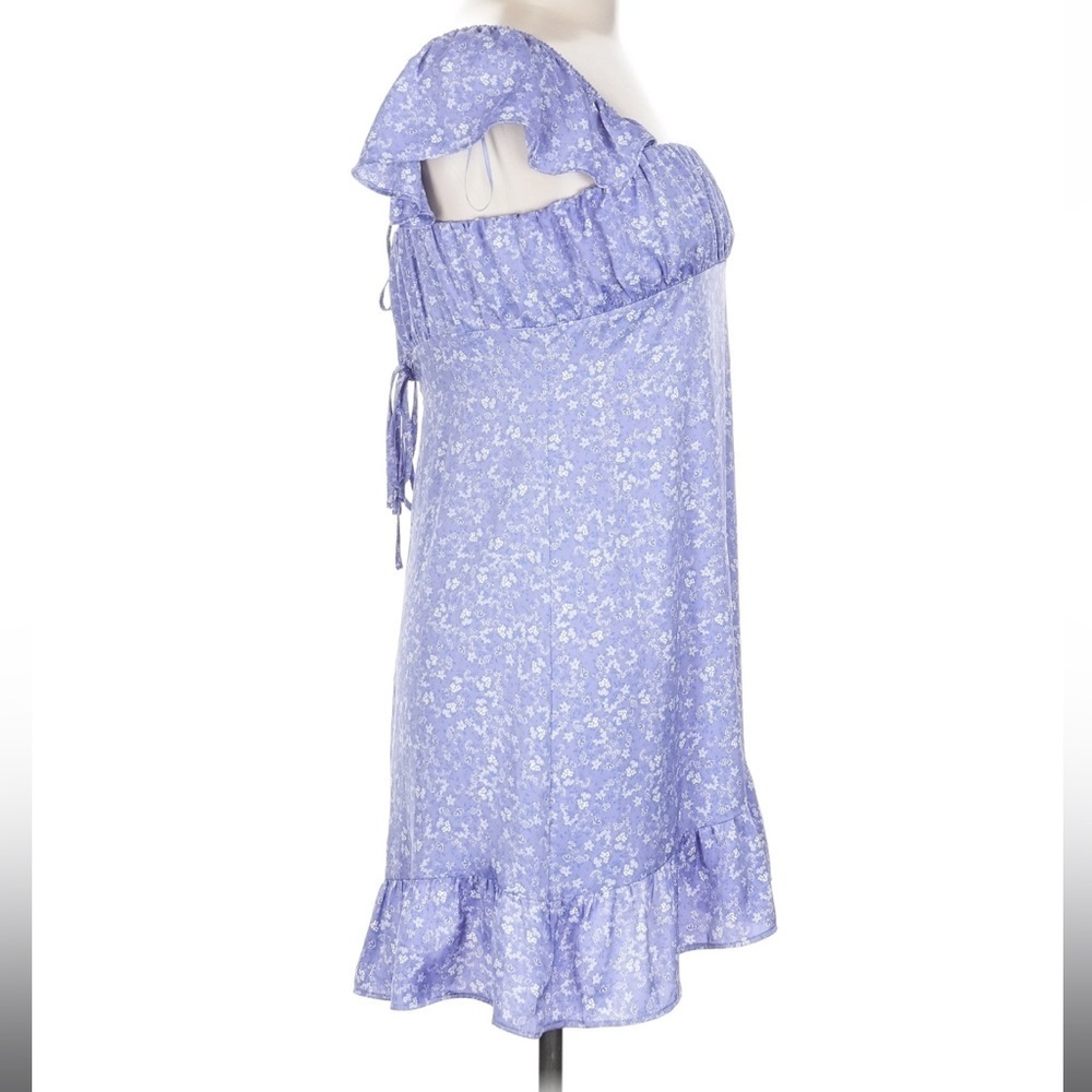 Zara Purple Floral Babydoll Mini Dress Satin Ruffle Sleeve Square Neck Large - Picture 4 of 5